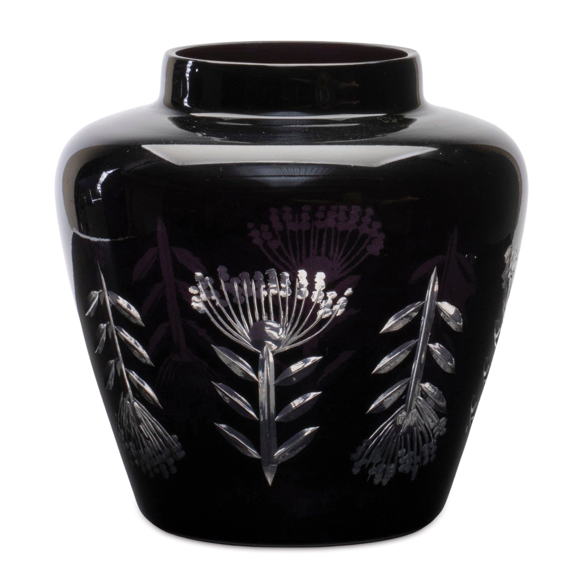 Etched Soda Lime Glass Urn Vase 6.5"D; Black
