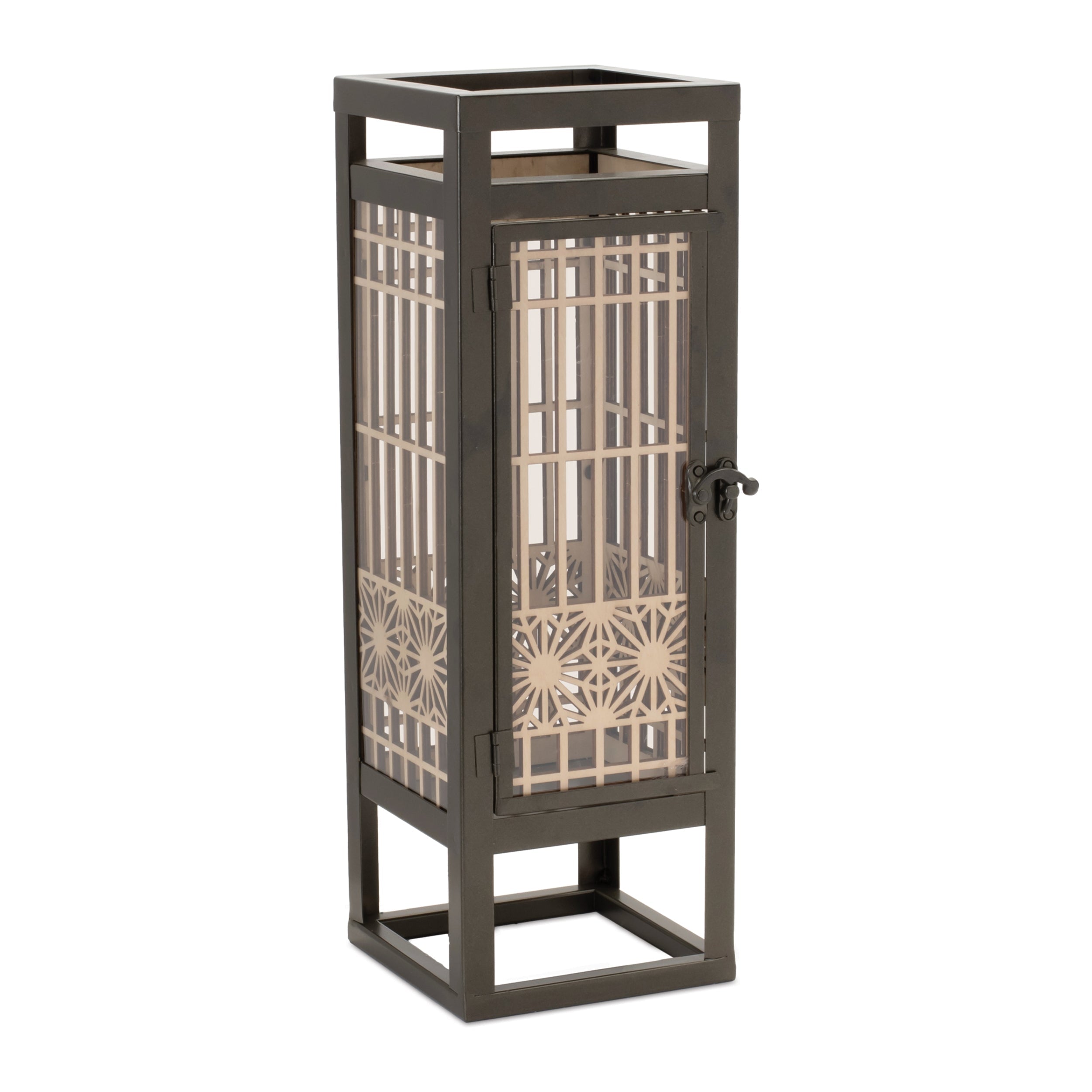 Cut Out Wood Candle Holder with Iron Frame 15"H; Brown