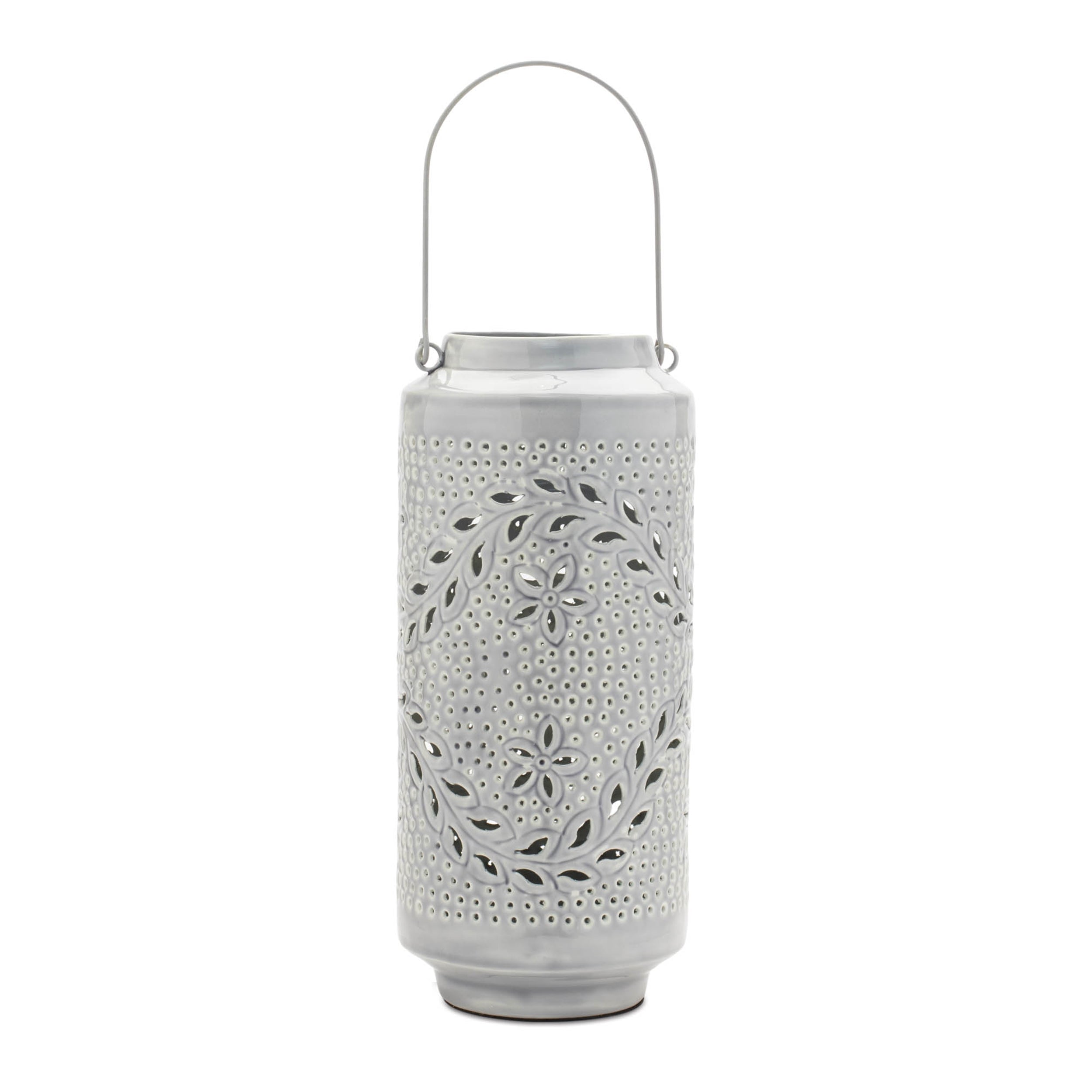 Punched Metal Candle Lantern 15.5"H; Gray