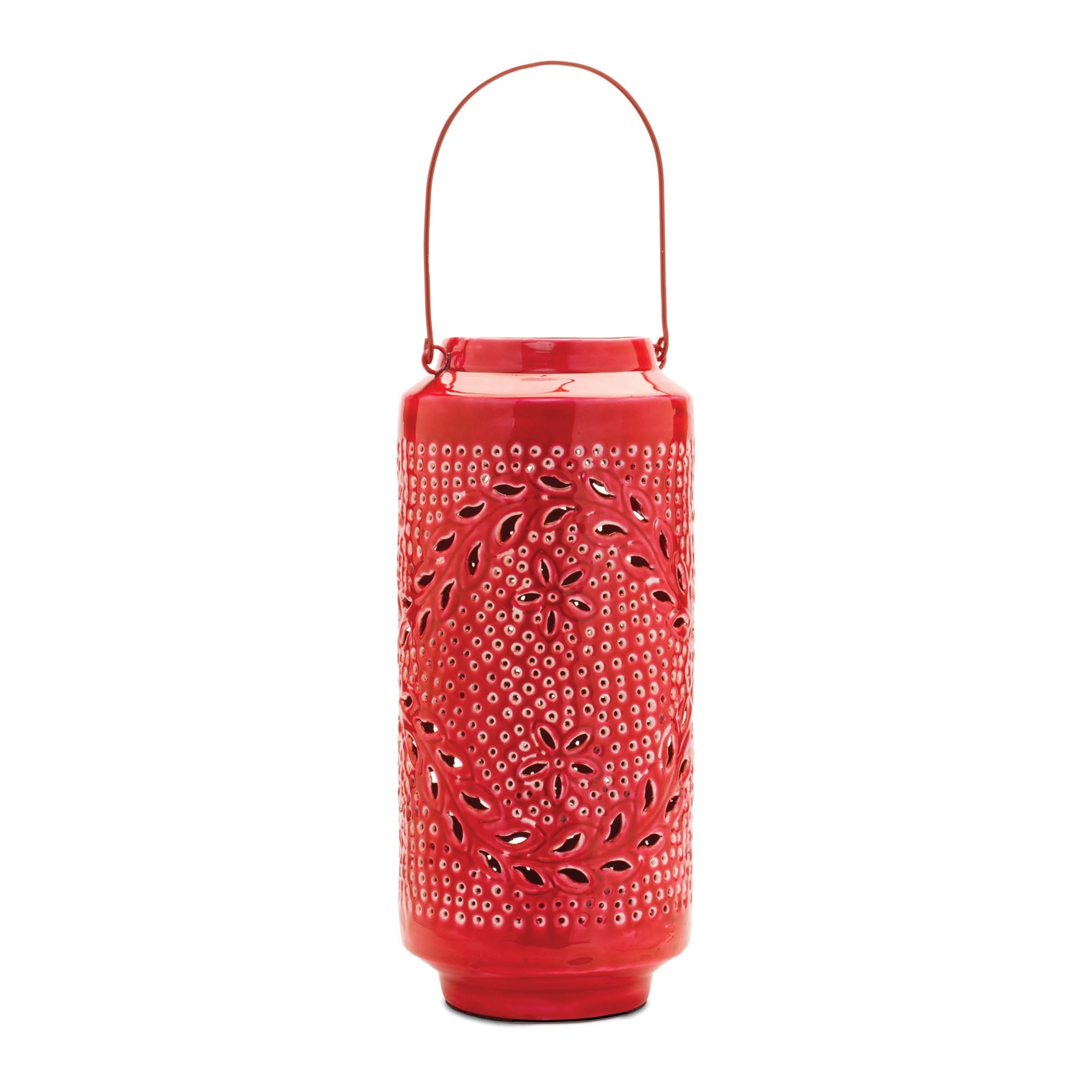 Punched Metal Candle Lantern 15.5"H; Red