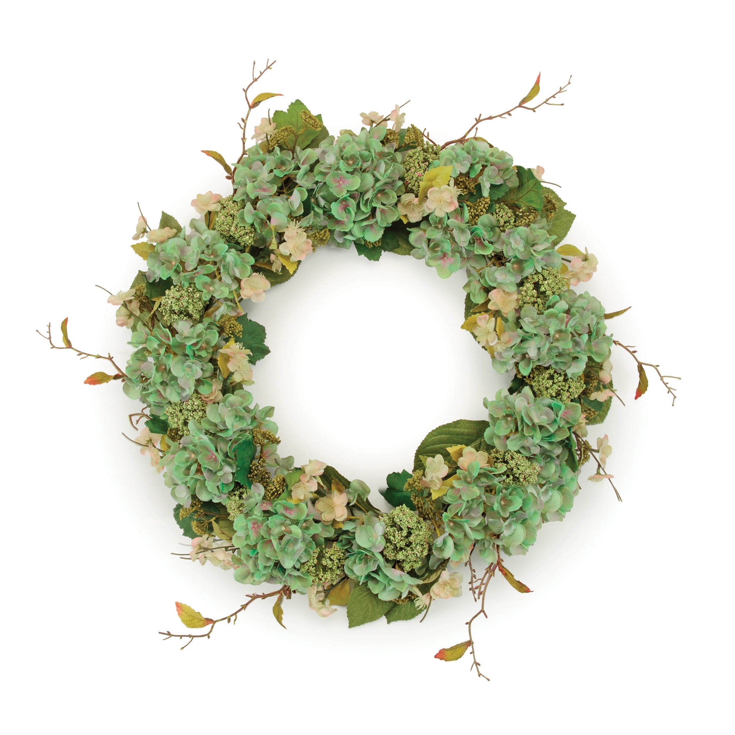 Hydrangea and Seedum Floral Wreath 32"D; Green