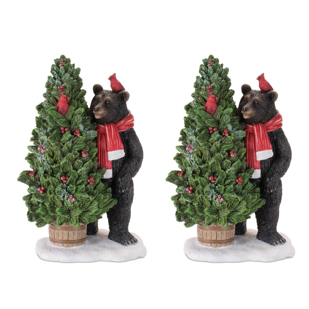 Bear with Christmas Tree and Cardinals Figurines (Set of 2)