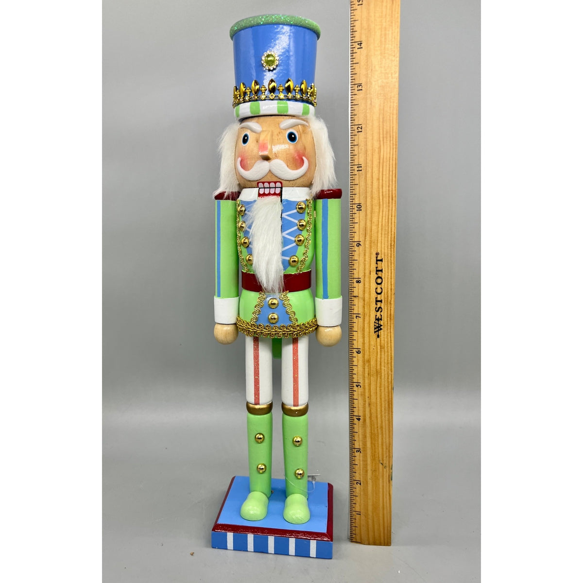15” Hand Decorated Green & Blue Pastel Christmas Nutcracker Figurine – Sugar & Spice Holiday Decor