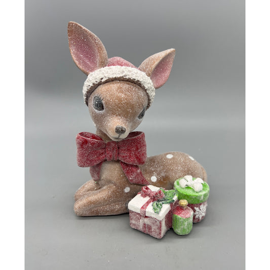 Vintage-Style 6.5” Christmas Deer Figurine With Santa Hat & Gifts