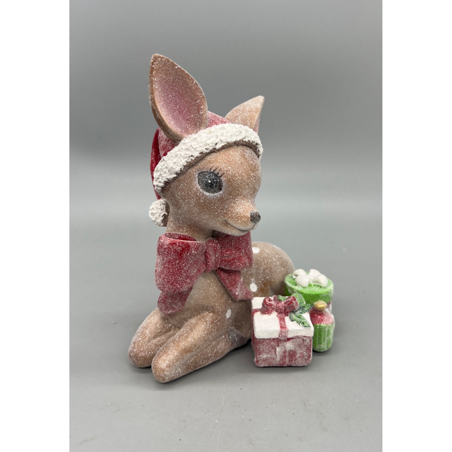 Vintage-Style 6.5” Christmas Deer Figurine With Santa Hat & Gifts