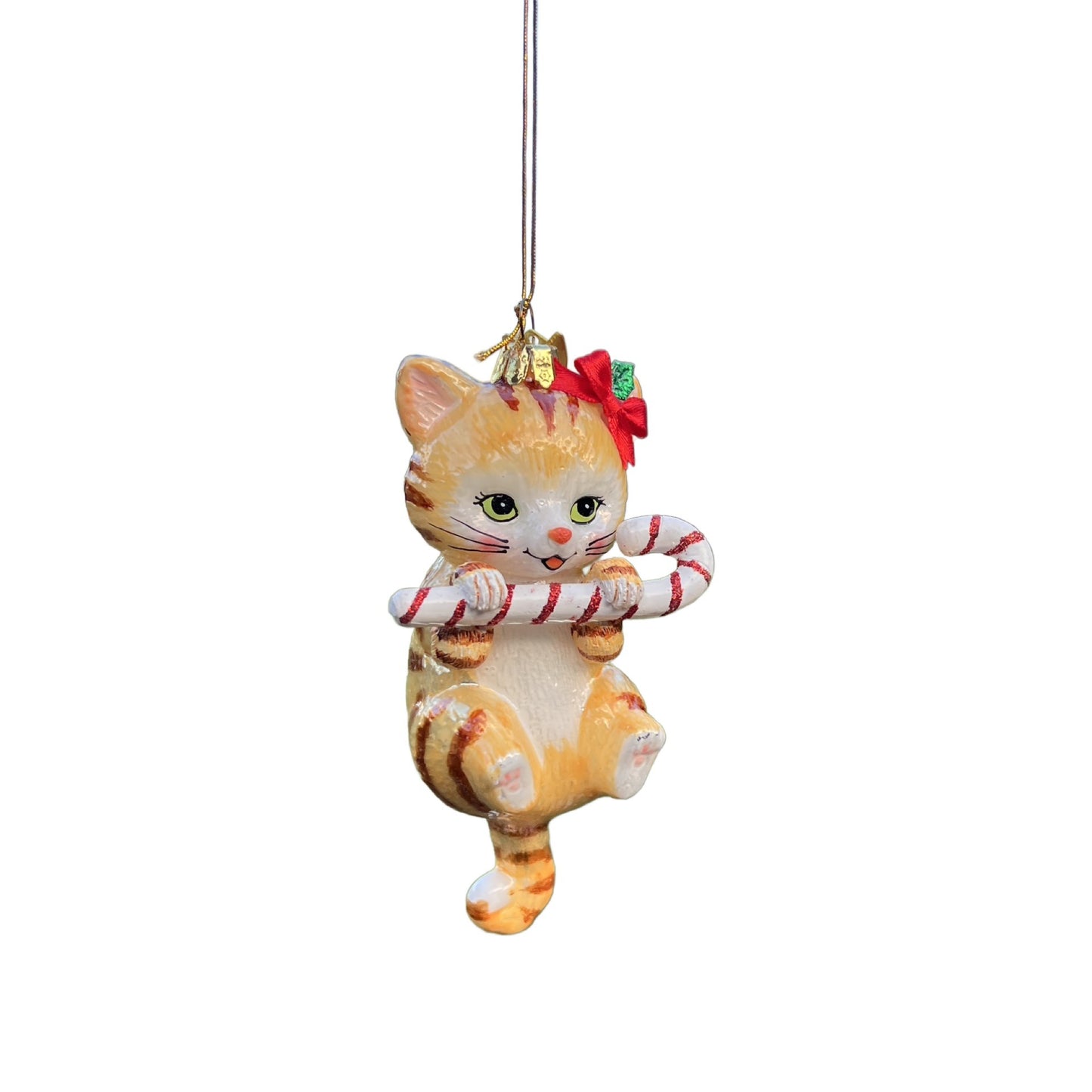 Kurt Adler 5" Orange Tabby Cat Noble Gems Ornament With Candy Cane & Red Bow Christmas Decoration Hand-Painted Glass