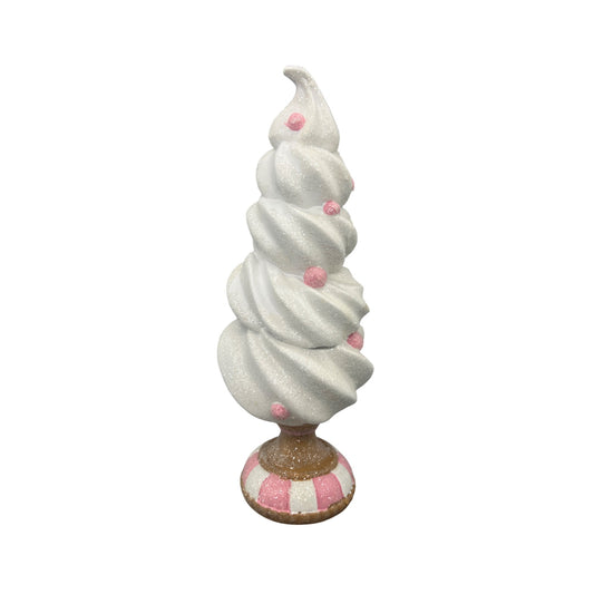 White Glittered Faux Frosting Tree Decoration With Pink Accents & Striped Base