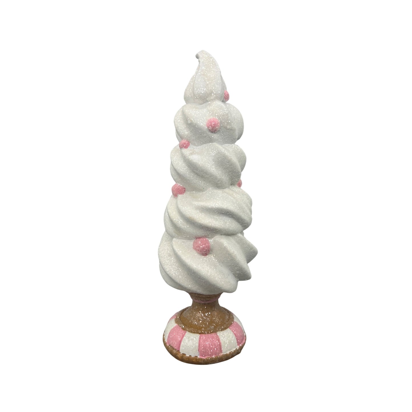 White Glittered Faux Frosting Tree Decoration With Pink Accents & Striped Base