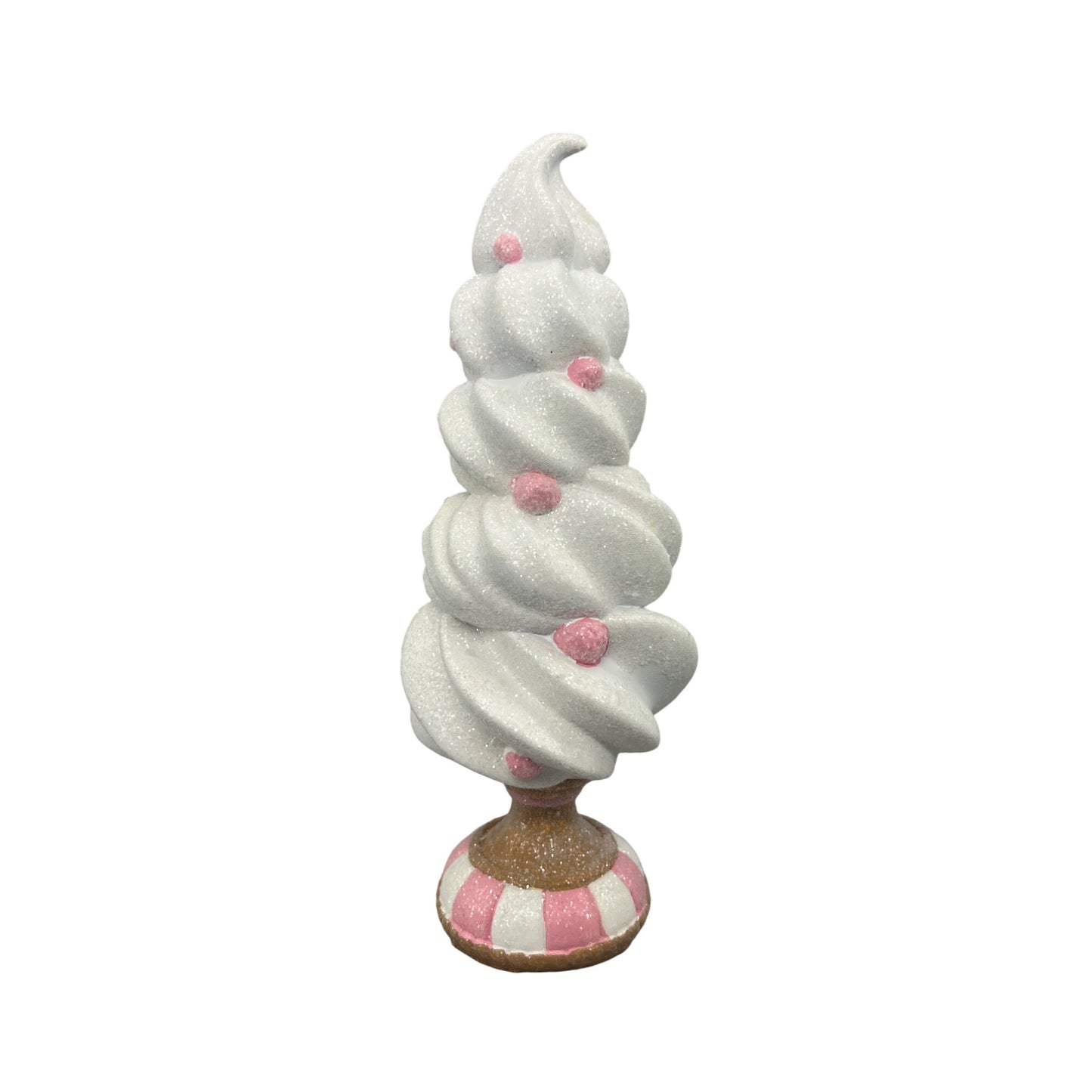 White Glittered Faux Frosting Tree Decoration With Pink Accents & Striped Base