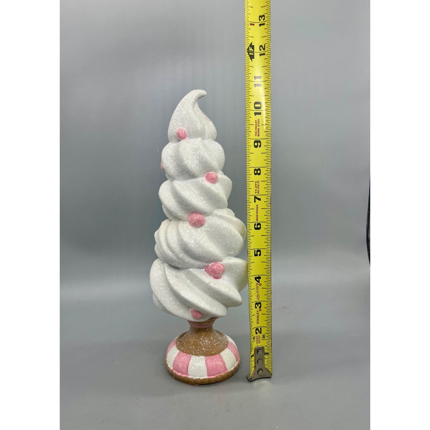 White Glittered Faux Frosting Tree Decoration With Pink Accents & Striped Base