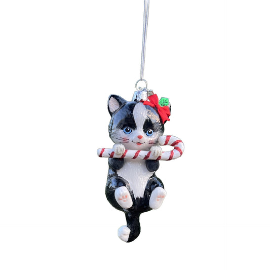 Kurt Adler Noble Gems Black Tuxedo Cat Glass Ornament 5" Hand-Painted Christmas Decoration
