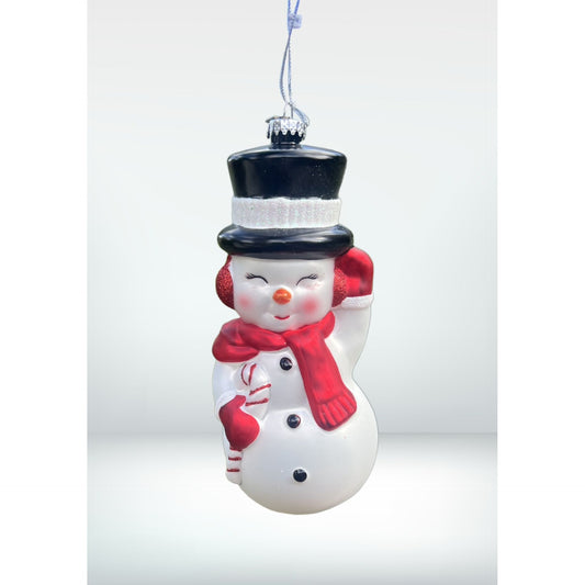 Vintage-Inspired 8" Glass Snowman Ornament With Red Scarf & Black Top Hat