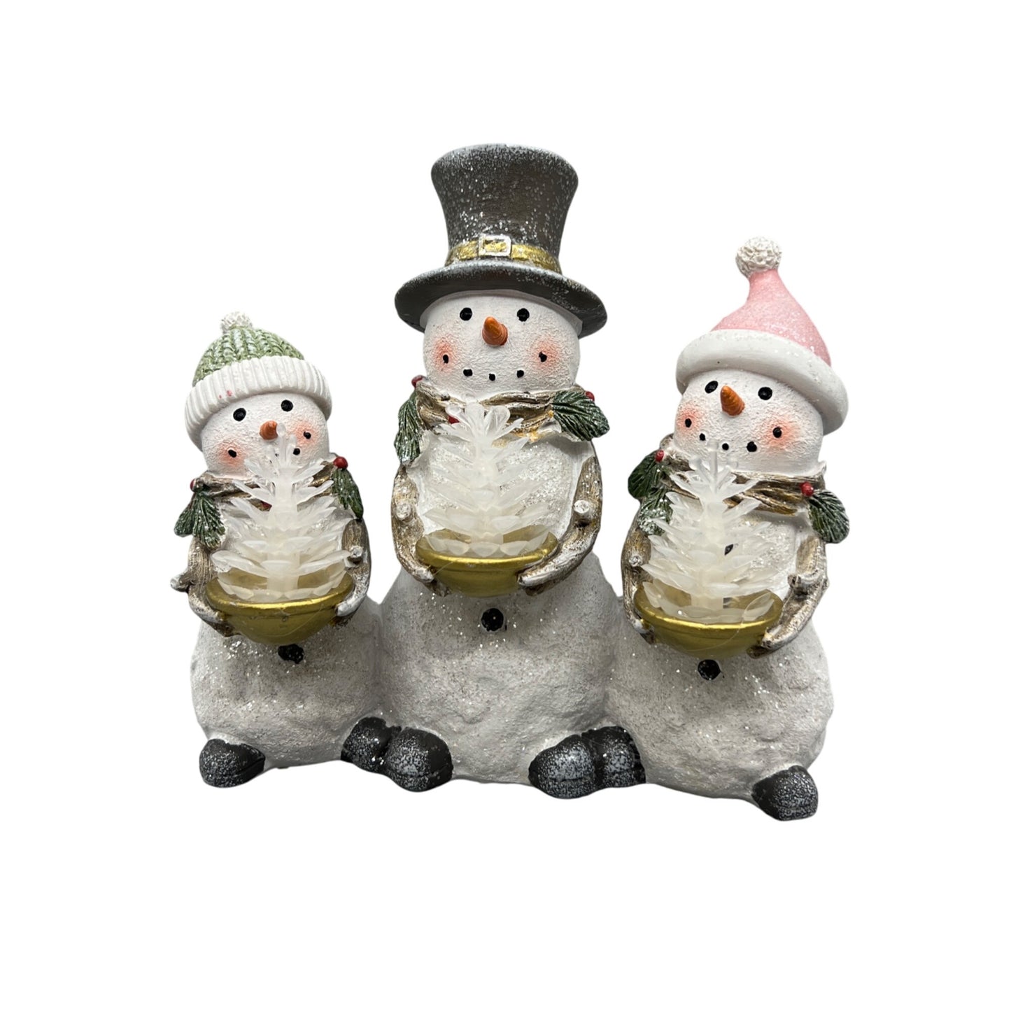 Lighted Snowman Family Figurine Trio 6.5" Tall Hand Decorated
