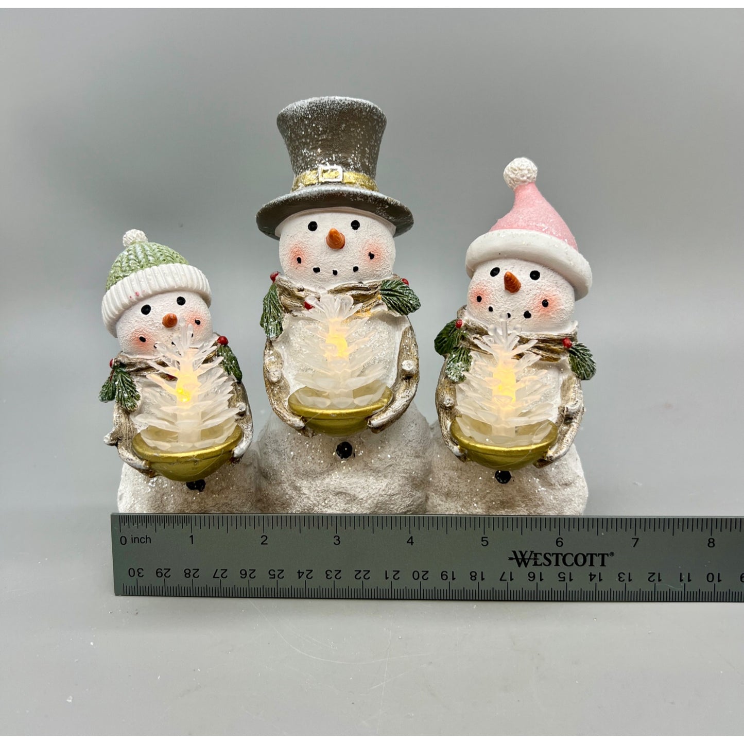 Lighted Snowman Family Figurine Trio 6.5" Tall Hand Decorated