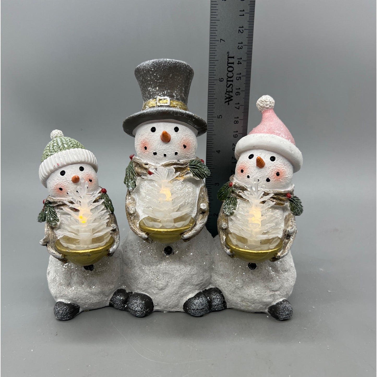 Lighted Snowman Family Figurine Trio 6.5" Tall Hand Decorated