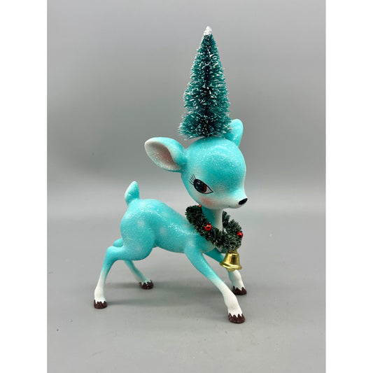 Vintage Inspired Blue Festive Fawn Figurine With Glitter Finish Bottle Brush Tree Hat & Bell 8.5" Hand Decorated