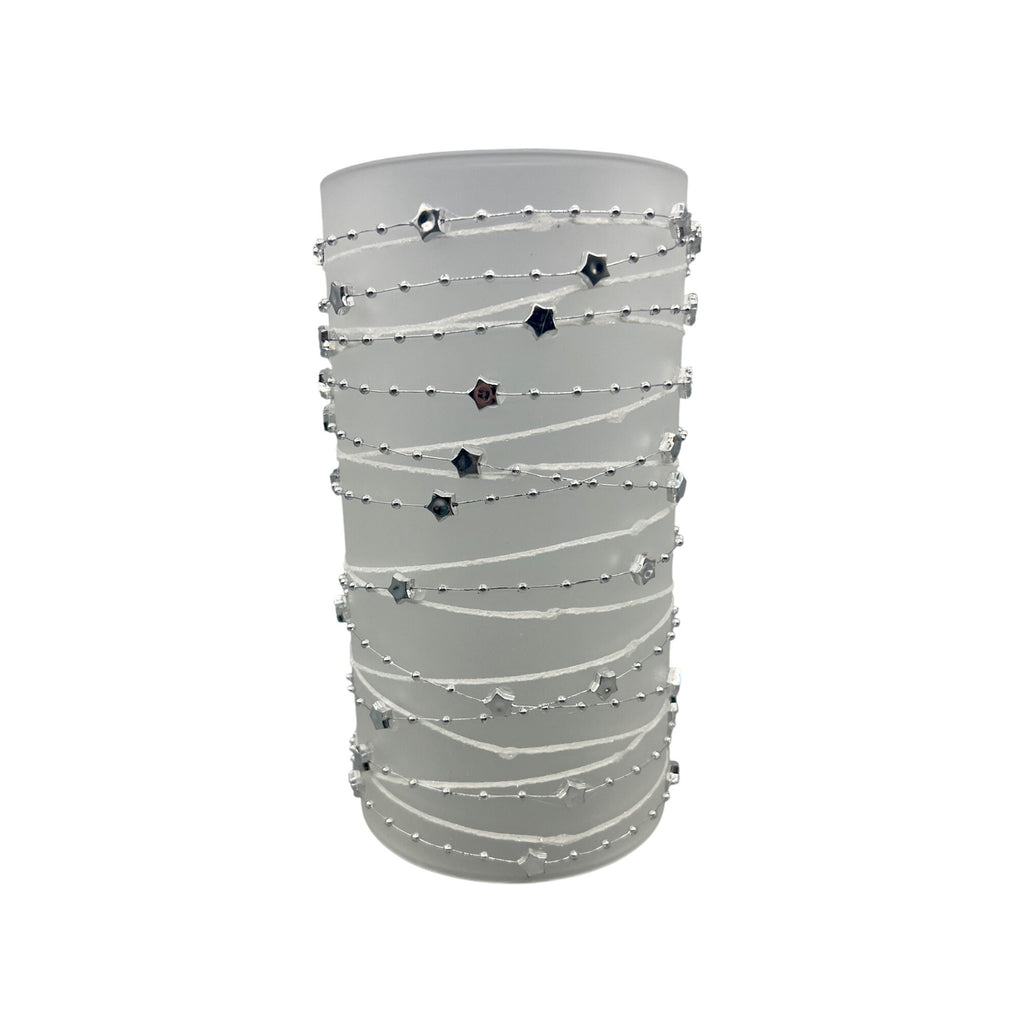 Frosted Glass Candle Sleeve With Silver Star & Bead Garland Design 8" Tall Elegant Decor