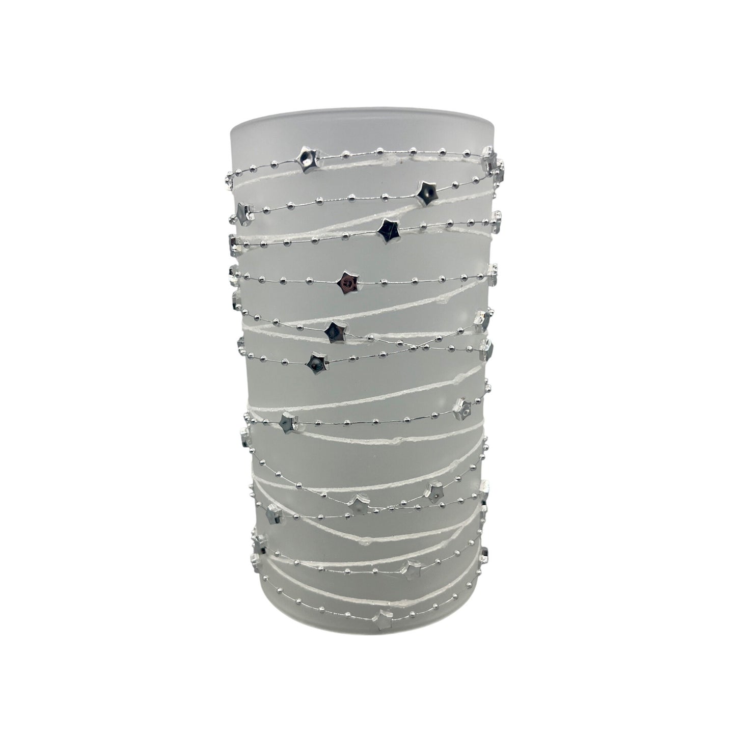 Frosted Glass Candle Sleeve With Silver Star & Bead Garland Design 8" Tall Elegant Decor