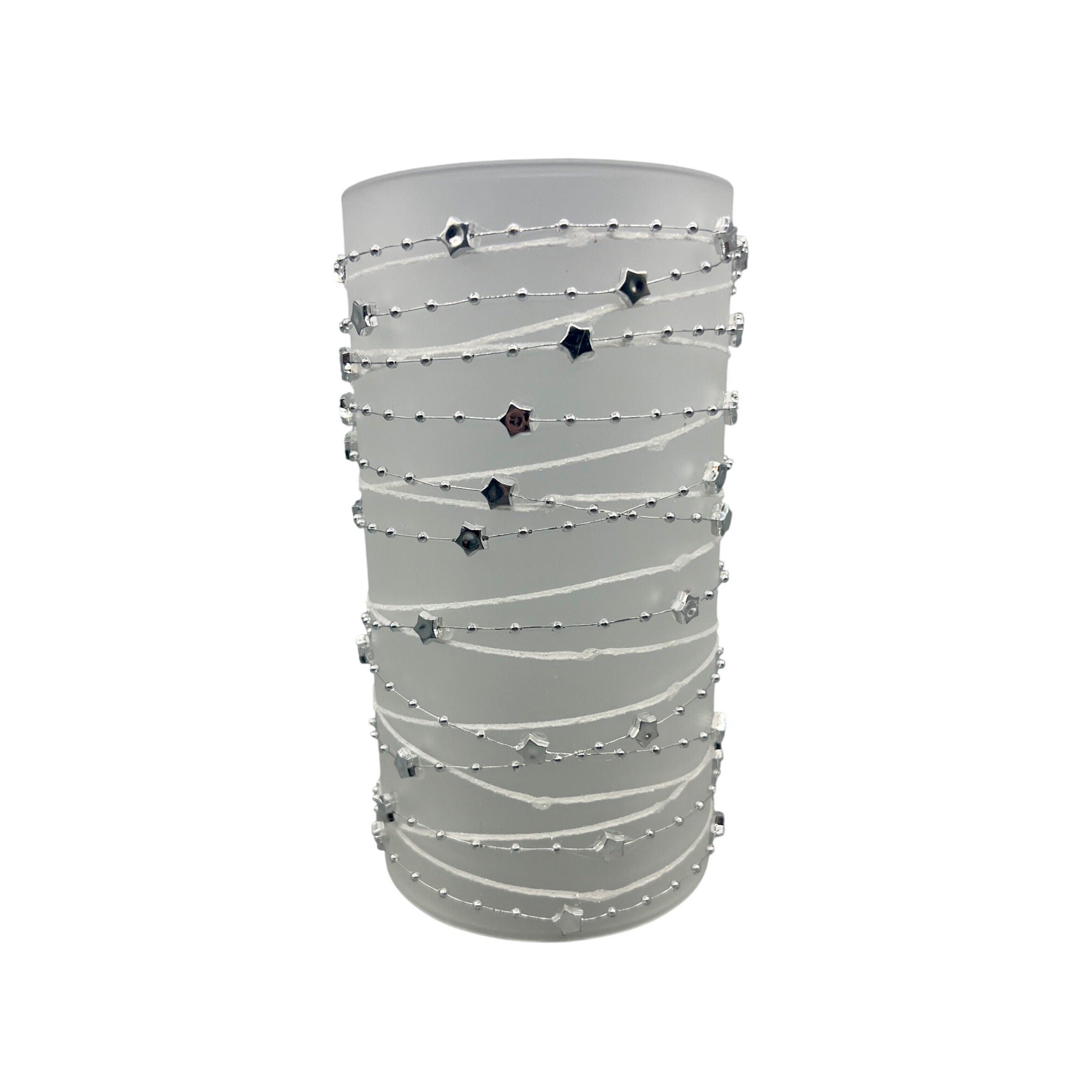 Frosted Glass Candle Sleeve With Silver Star & Bead Garland Design 8" Tall Elegant Decor