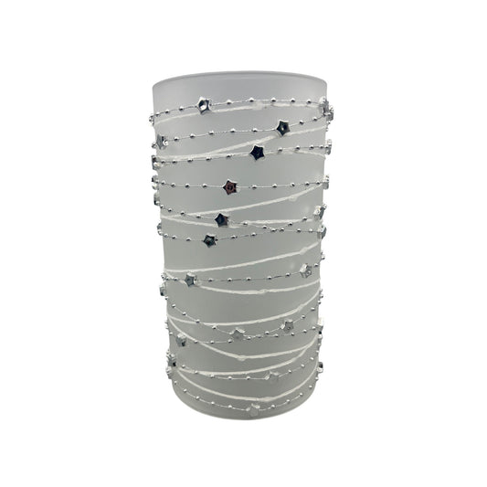 Frosted Glass Candle Sleeve With Silver Star & Bead Garland Design 8" Tall Elegant Decor