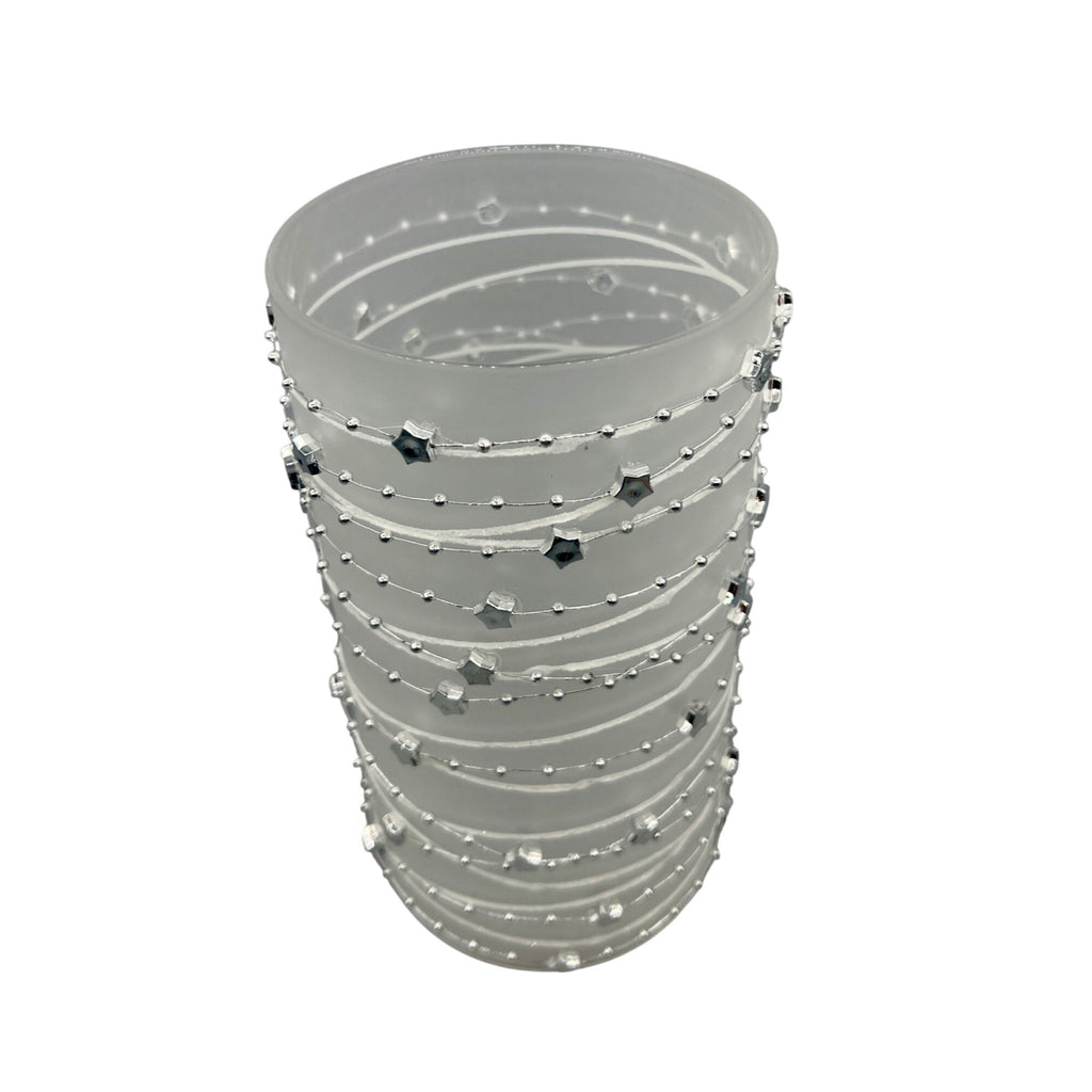 Frosted Glass Candle Sleeve With Silver Star & Bead Garland Design 8" Tall Elegant Decor