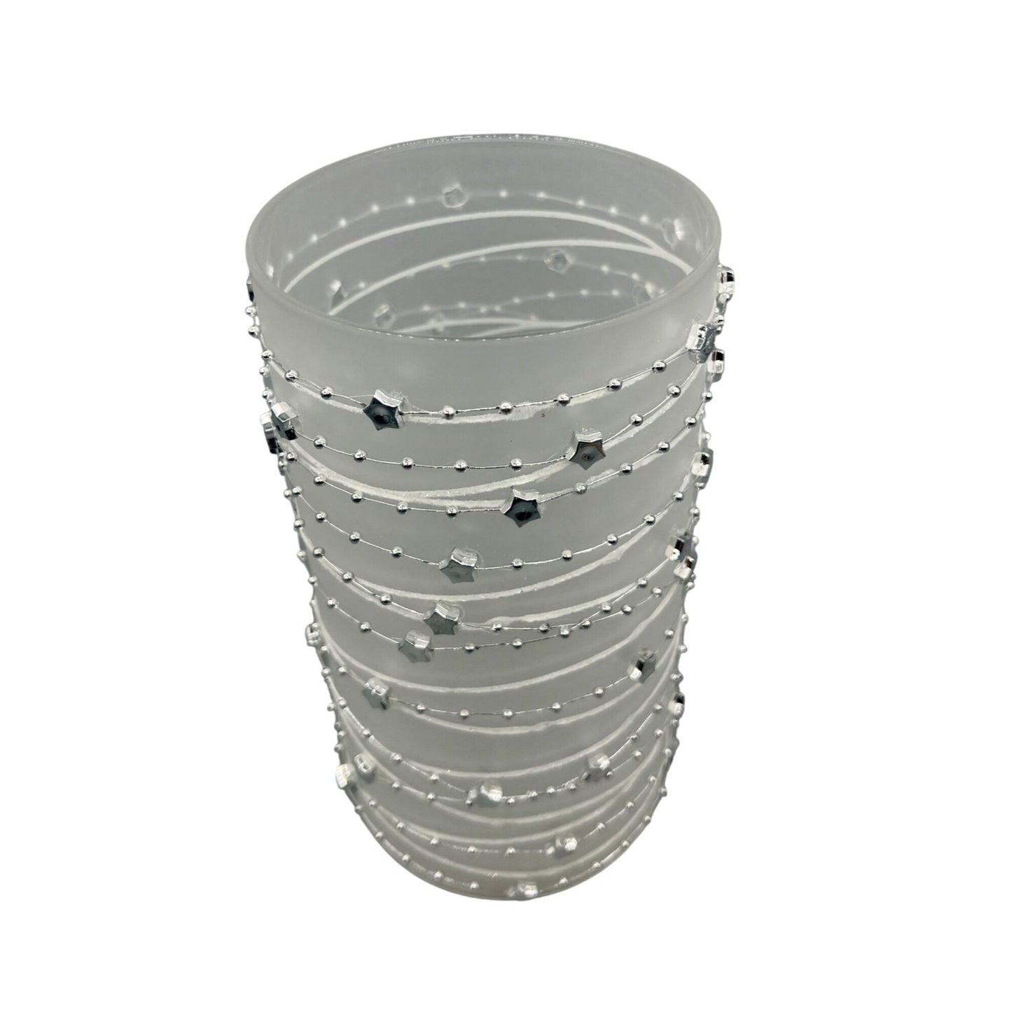 Frosted Glass Candle Sleeve With Silver Star & Bead Garland Design 8" Tall Elegant Decor