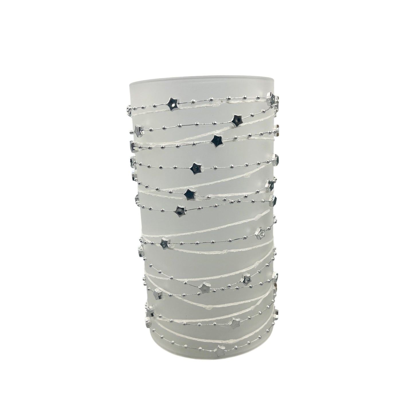Frosted Glass Candle Sleeve With Silver Star & Bead Garland Design 8" Tall Elegant Decor