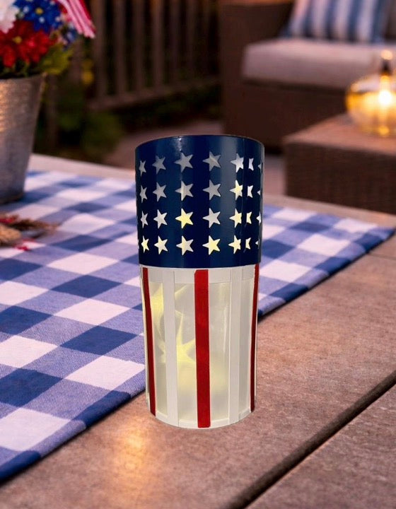 Patriotic LED Lantern Hand Finished 8” Red White Blue Table Decor 4th of July Light