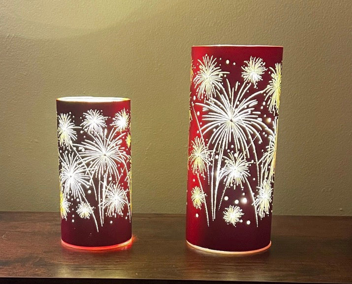 Patriotic Firework Cylinder Lamps, Laser Cut Red LED Table Centerpiece