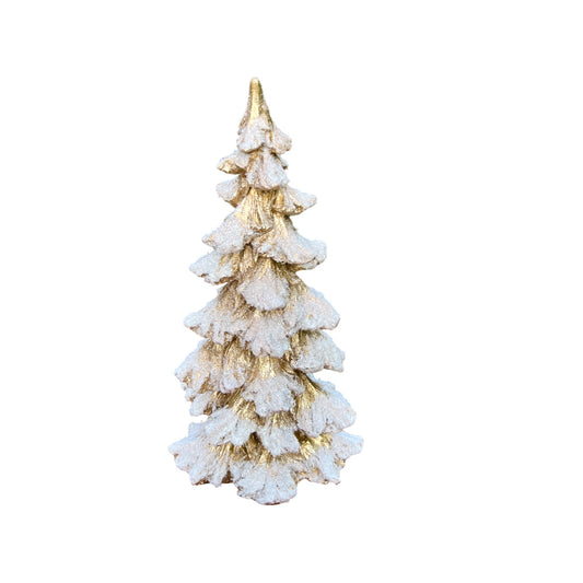 Gold & White Glitter Snowy Christmas Tree Figurine 13.25" Tall Decorative Holiday Accent