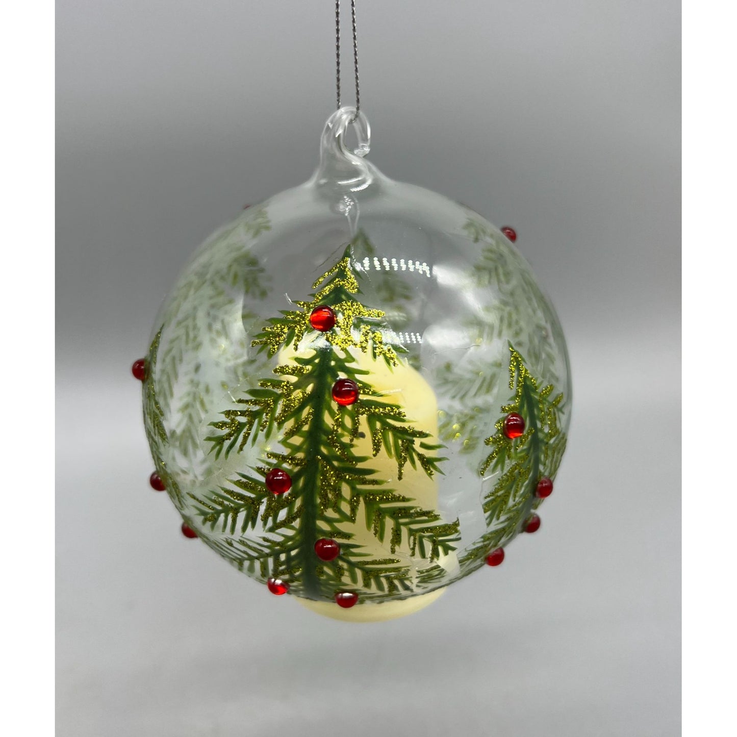 Hand Painted Glass Christmas Ornament With LED Flicker Candle & Red Rhinestones 4" Diameter