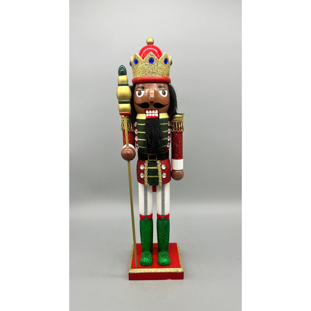 15” African American Nutcracker King with Crown & Staff – Red Green Gold Glitter Christmas Figurine