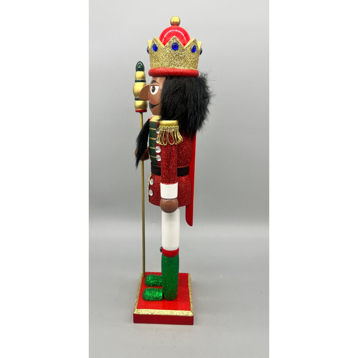 15” African American Nutcracker King with Crown & Staff – Red Green Gold Glitter Christmas Figurine