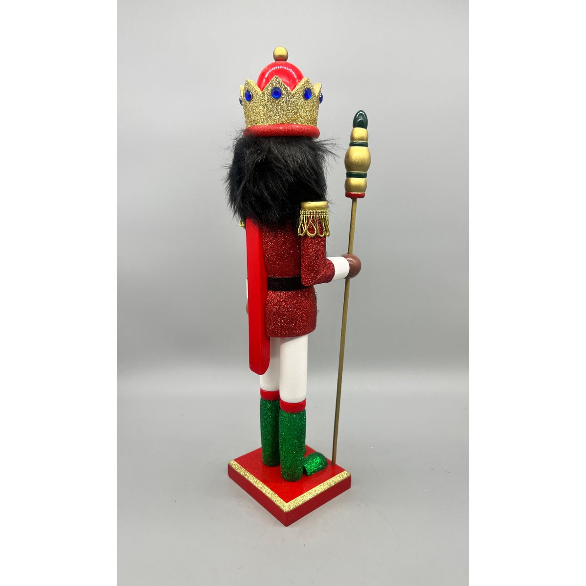 15” African American Nutcracker King with Crown & Staff – Red Green Gold Glitter Christmas Figurine