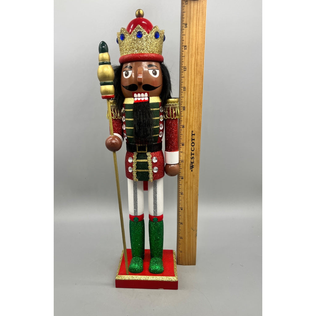 15” African American Nutcracker King with Crown & Staff – Red Green Gold Glitter Christmas Figurine