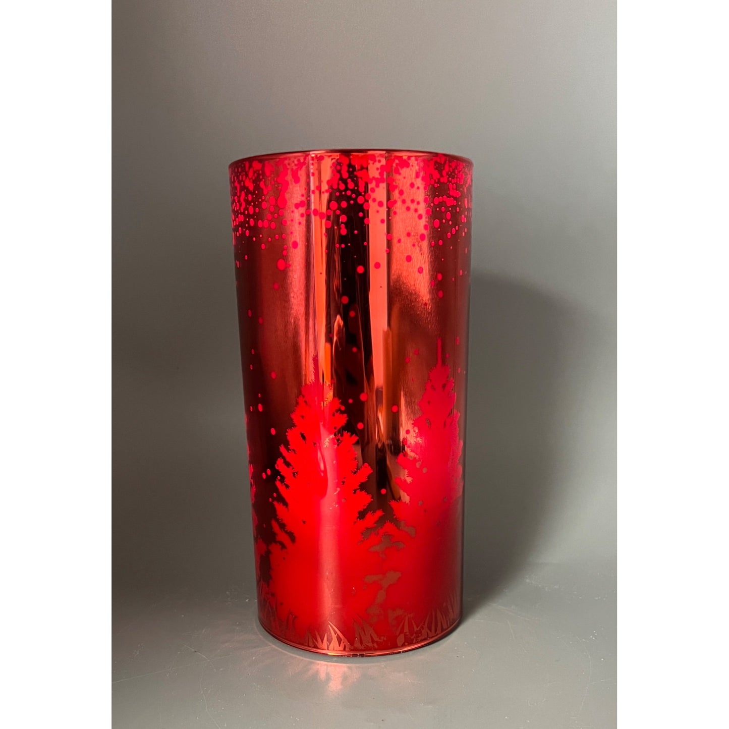 Red Glass LED  Fountain Candle With Forest & Deer Design 8" Tall Holiday Décor Elegant Accent For Table Or Mantel