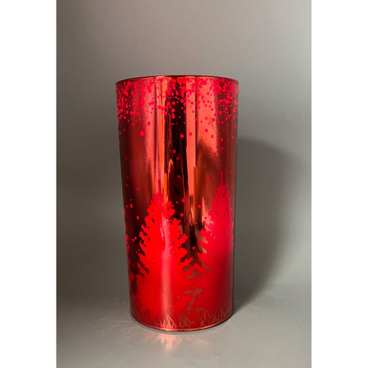Red Glass LED  Fountain Candle With Forest & Deer Design 8" Tall Holiday Décor Elegant Accent For Table Or Mantel
