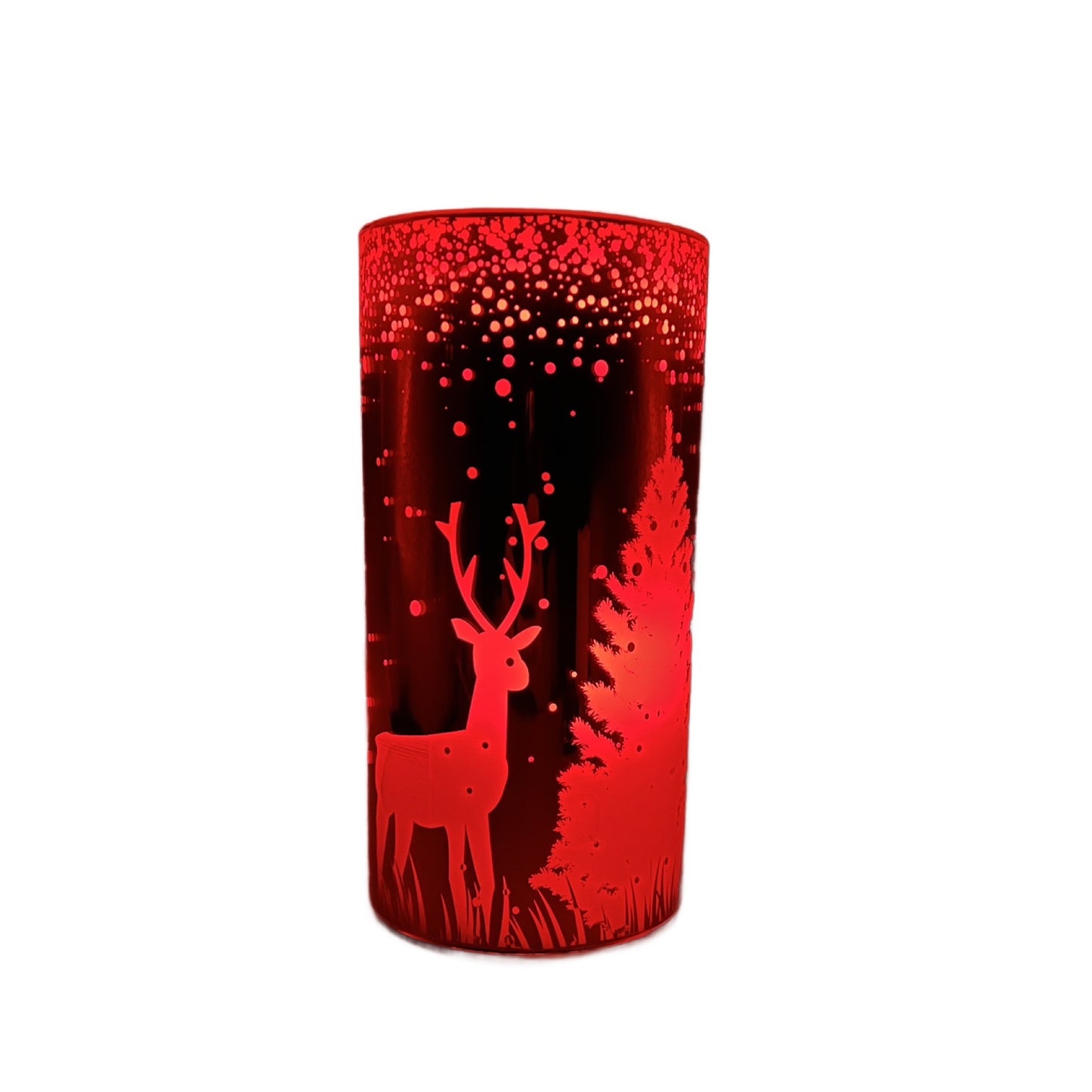 Red Glass LED  Fountain Candle With Forest & Deer Design 8" Tall Holiday Décor Elegant Accent For Table Or Mantel