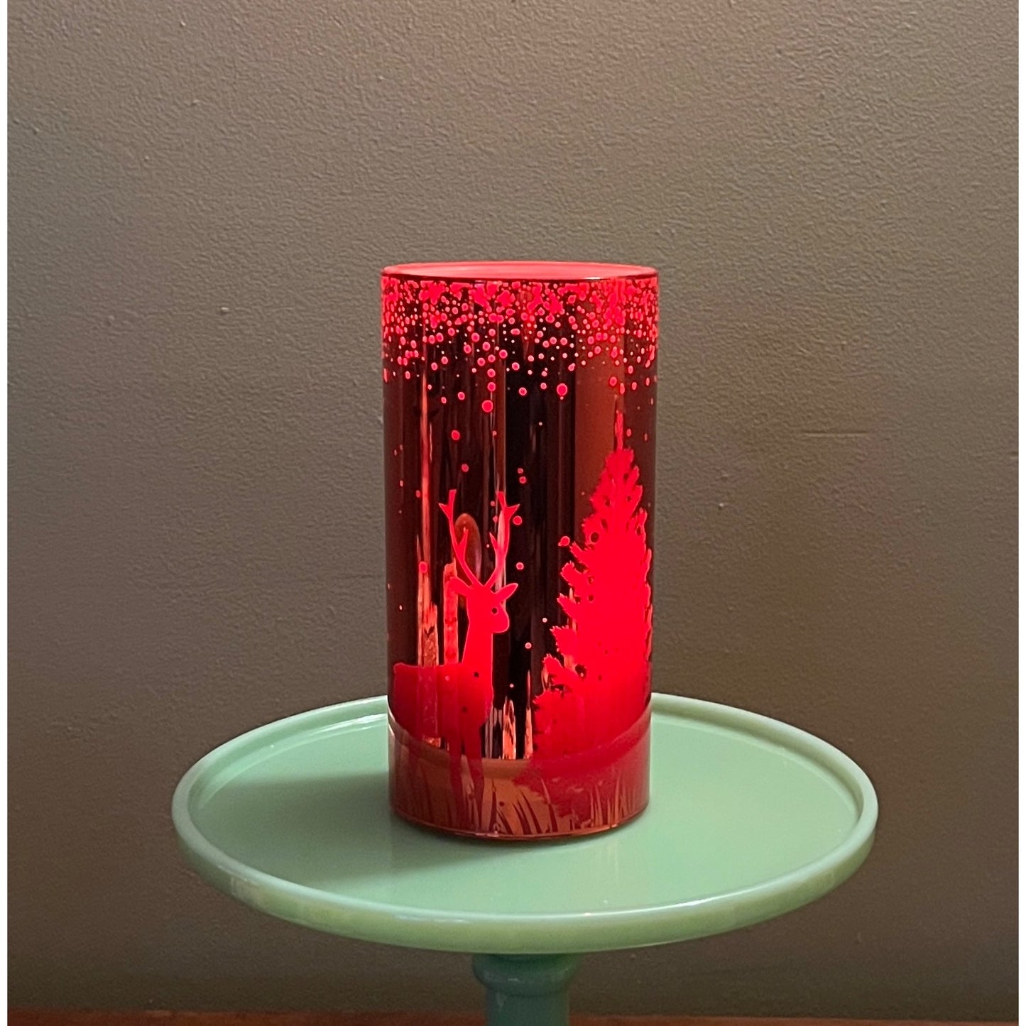 Red Glass LED  Fountain Candle With Forest & Deer Design 8" Tall Holiday Décor Elegant Accent For Table Or Mantel