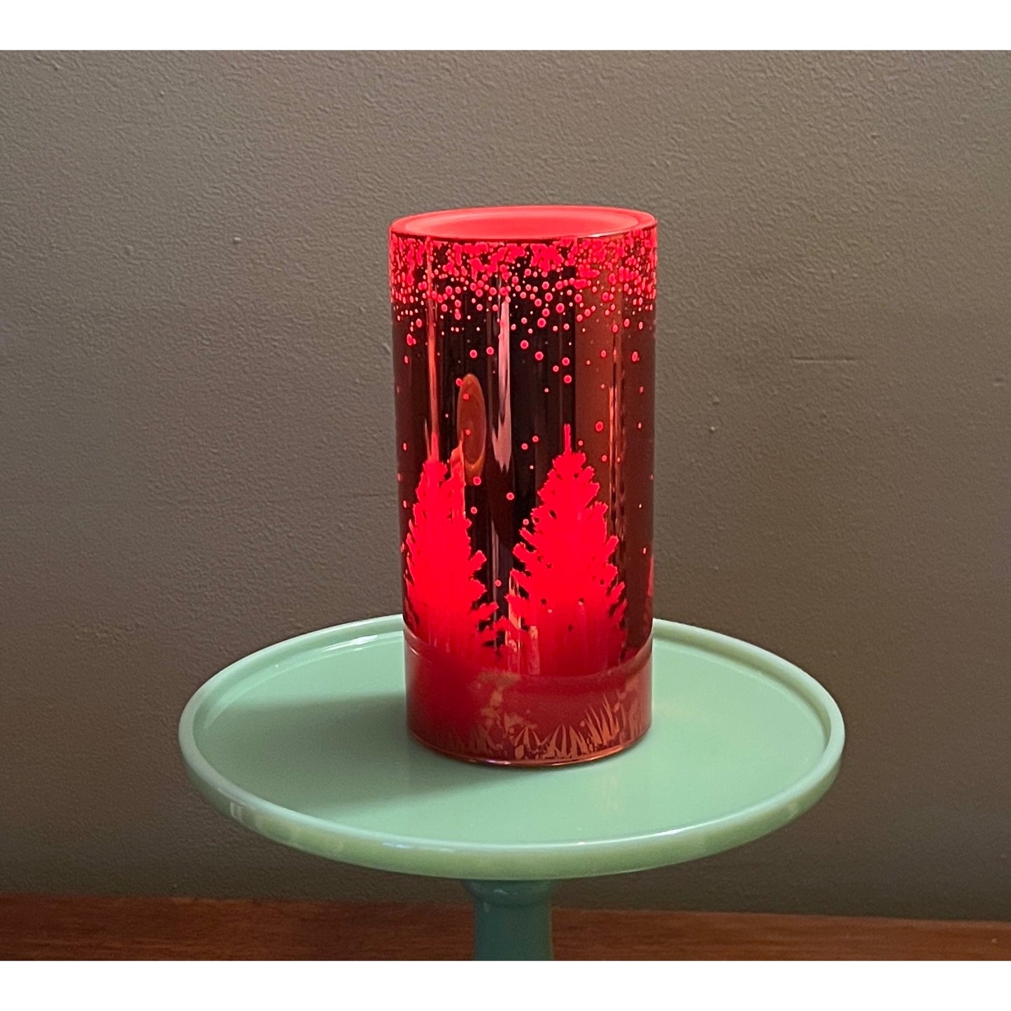 Red Glass LED  Fountain Candle With Forest & Deer Design 8" Tall Holiday Décor Elegant Accent For Table Or Mantel