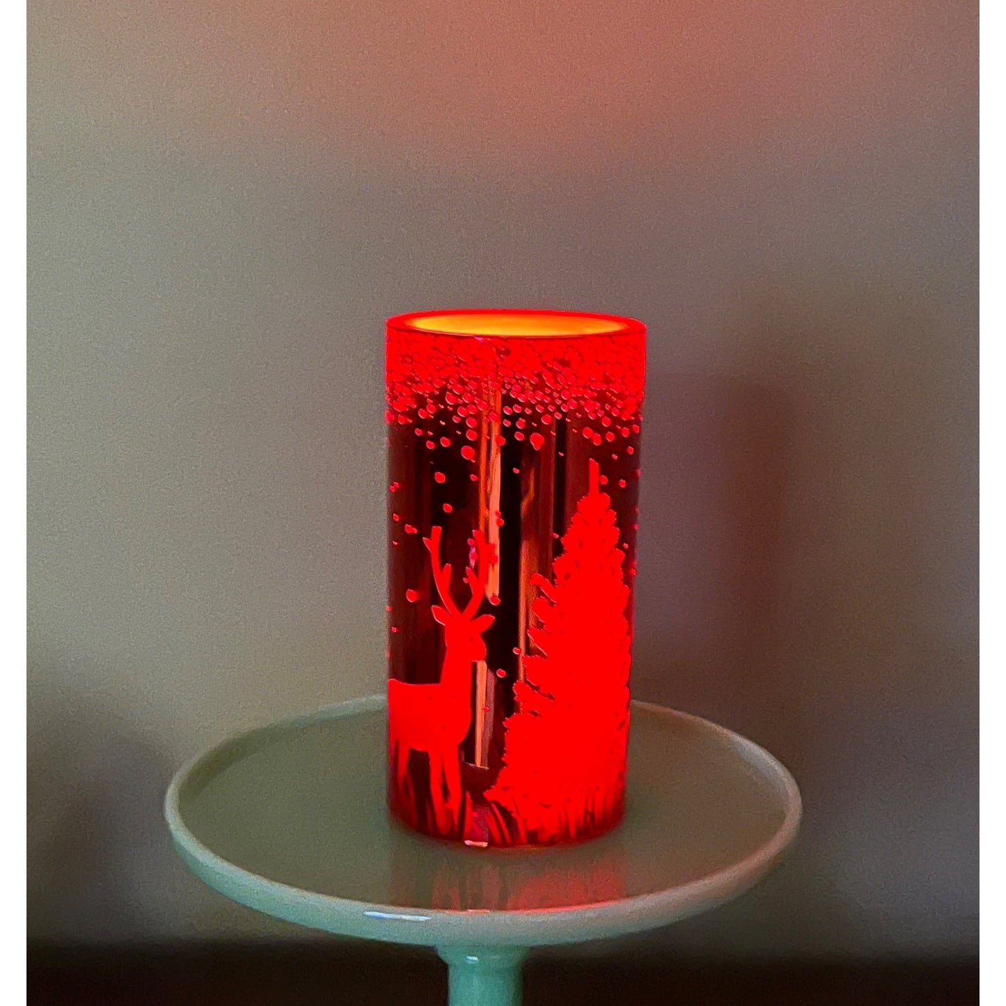 Red Glass LED  Fountain Candle With Forest & Deer Design 8" Tall Holiday Décor Elegant Accent For Table Or Mantel