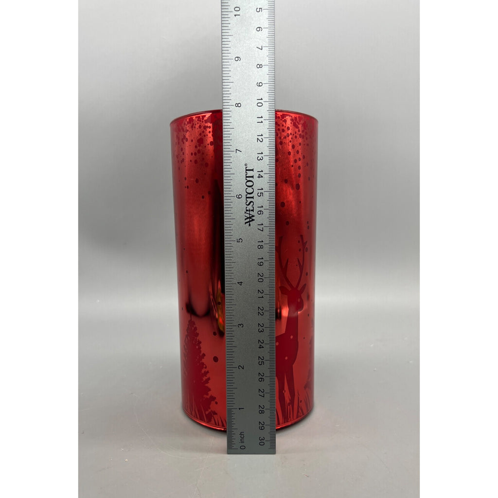 Red Glass LED  Fountain Candle With Forest & Deer Design 8" Tall Holiday Décor Elegant Accent For Table Or Mantel