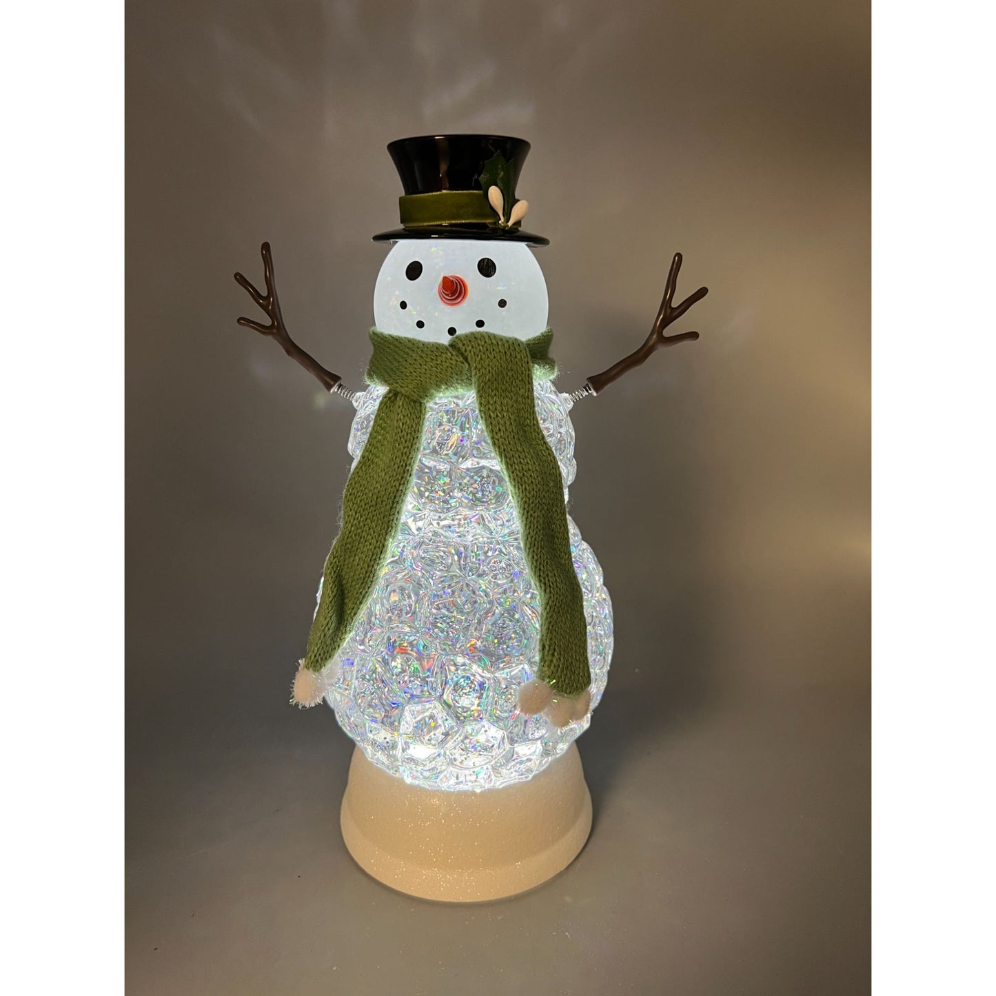 Light-Up Snowman Glitter Globe Decor With Green Scarf Top Hat & Timer Battery Or USB Powered 11" Tall