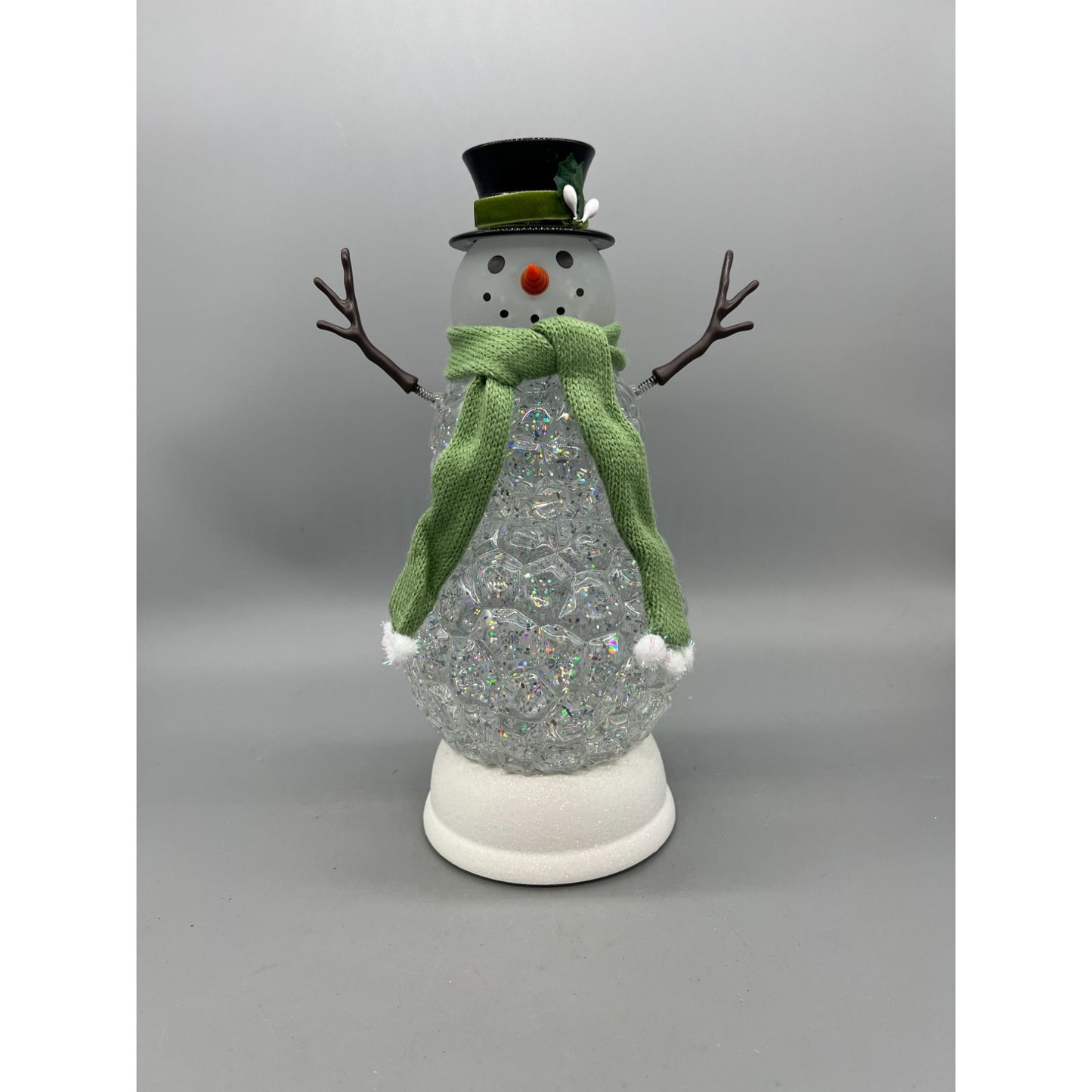 Light-Up Snowman Glitter Globe Decor With Green Scarf Top Hat & Timer Battery Or USB Powered 11" Tall