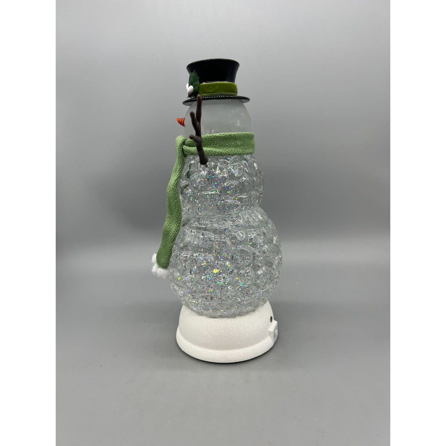Light-Up Snowman Glitter Globe Decor With Green Scarf Top Hat & Timer Battery Or USB Powered 11" Tall