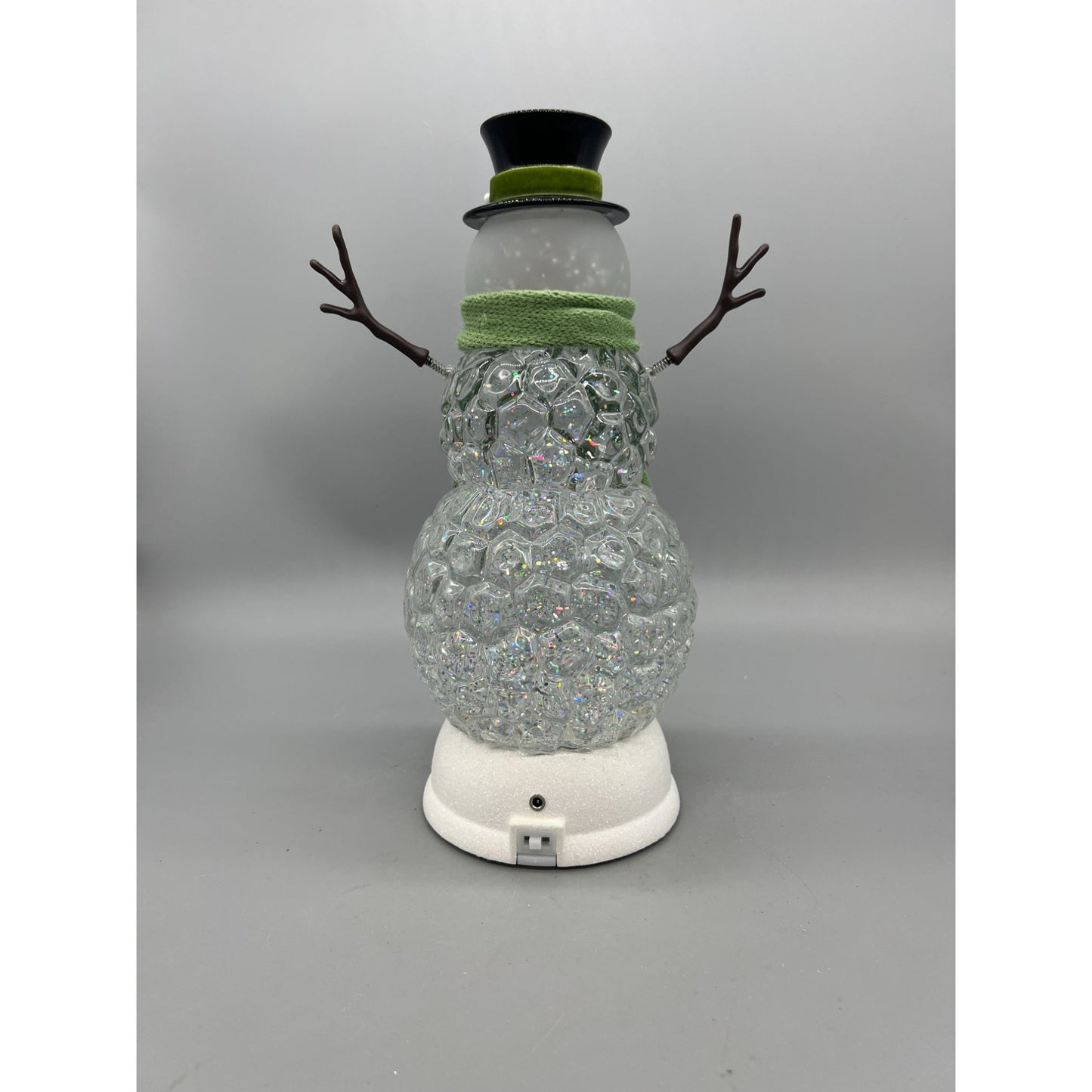 Light-Up Snowman Glitter Globe Decor With Green Scarf Top Hat & Timer Battery Or USB Powered 11" Tall
