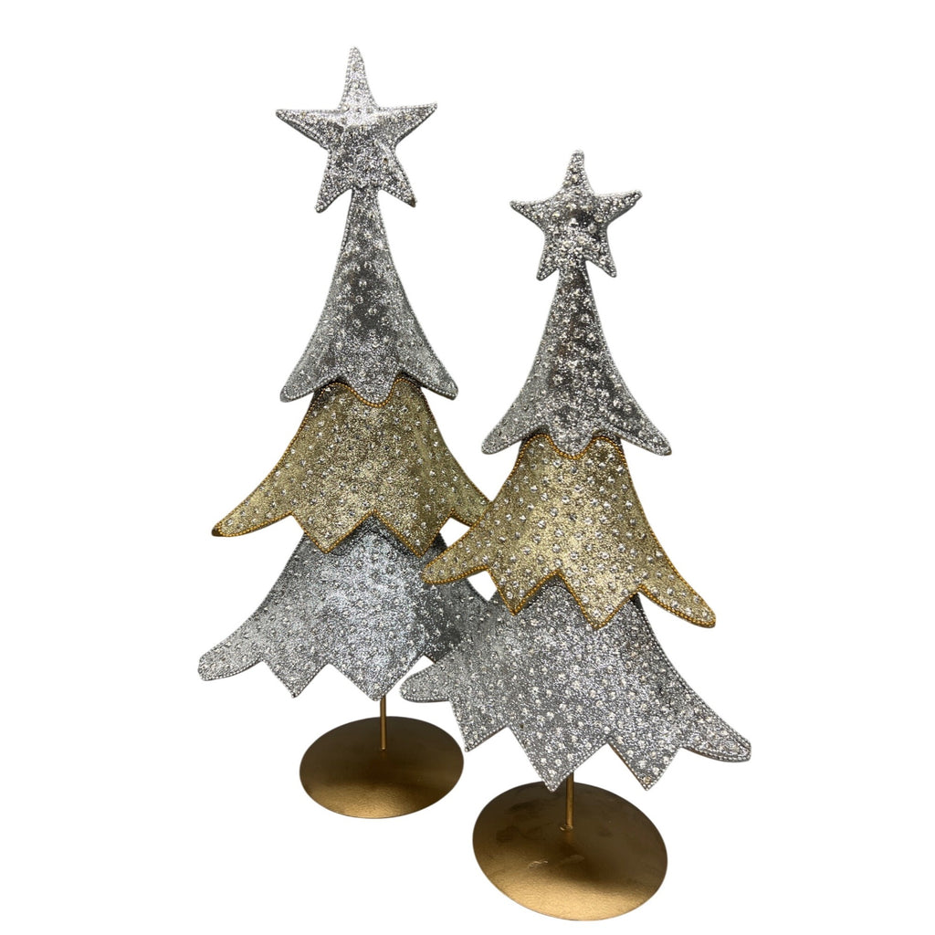 Set of 2 Metallic Silver & Gold Christmas Tree Centerpieces - 16" & 18.5" Tabletop Decor