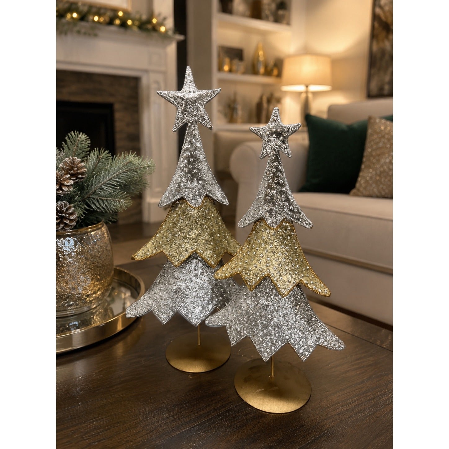 Set of 2 Metallic Silver & Gold Christmas Tree Centerpieces - 16" & 18.5" Tabletop Decor