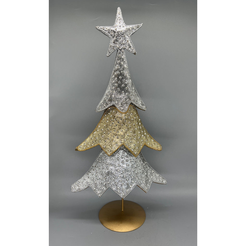 Set of 2 Metallic Silver & Gold Christmas Tree Centerpieces - 16" & 18.5" Tabletop Decor