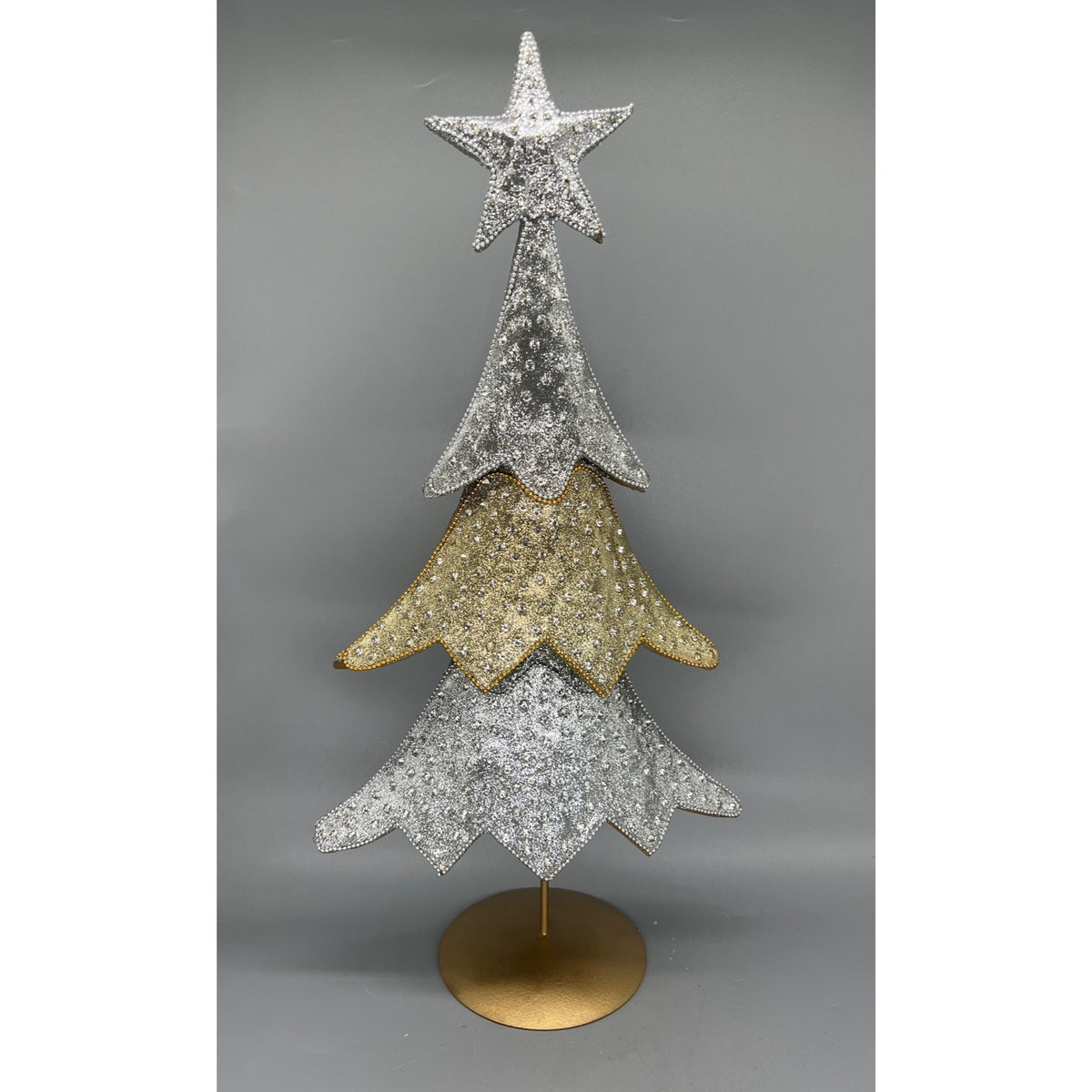 Set of 2 Metallic Silver & Gold Christmas Tree Centerpieces - 16" & 18.5" Tabletop Decor